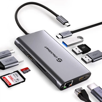 Двойная док-станция UtechSmart 10 в 1 с 4K@60Hz USB C с 4K HDMI, DisplayPort, 100 Вт PD, Gigabit Ethernet, Type-C Data, SD/TF, 3 порта USB для MacBook и других ноутбуков. Цвет - Серый