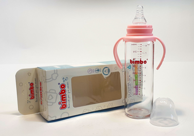Пляшка для годування скляна, з ручкою і соскою, жаростійкий, 240мл, Bimbo, рожева