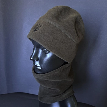 Комплект шапка и бафф флисовая тактическая мужская женская зимняя с гербом Украины TACTICAL Темная олива (шапкабаф1)