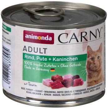 Вологий корм для котів Animonda Carny Adult яловичина, індичка та кролик 200 г (4017721837095)