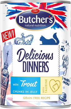 Mokra karma dla kotów Butcher's Delicious Dinners kawałki z pstrągiem w galaretce 400 g (5011792007301)