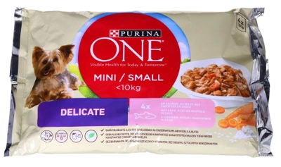 Mokra karma dla psów Purina One Mini Delicate z łososiem i ryżem 4 x 100 g (7613036640879)