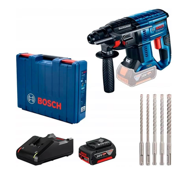 Аккумуляторный перфоратор Bosch Professional GBH 180-Li + чемодан + 1 акб 4.0Ah + з/у GAL18V-40 + набор сверл SDS-Plus-5X (0615990M9C)