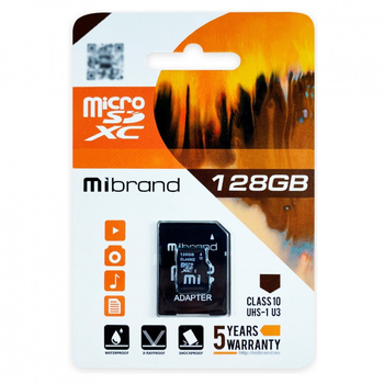 Карта памяти Mibrand 128GB microSDXC UHS-I U3 + SD-адаптер (MICDHU3/128GB-A 58567)