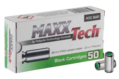 Пістолетні холості патрони Blank Cartridges MaxxTech 9 mm PAK steel case zinc plated 9 мм 400 Bar, 50 штук