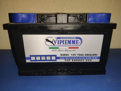 Акумулятор автомобільний Vipiemme B086C (Top Energy Evo, Pb/Ca, 12V, 75Ah, EN680A, Euro, 175*175*278 мм., Італія, 2023 рік.)