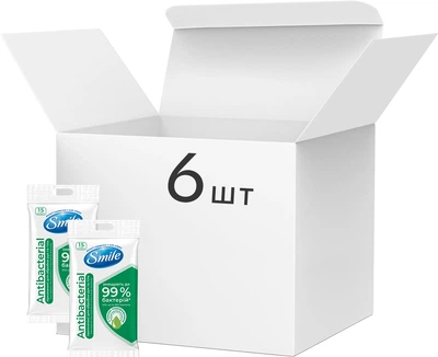Упаковка вологих серветок Smile Antibacterial із соком подорожника 6 пачок по 15 шт. (42213238)