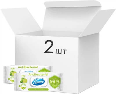 Упаковка вологих серветок Smile Antibacterial Лайм-м'ята з вітамінами 2 пачки з клапаном по 100 шт. (4823071636741)
