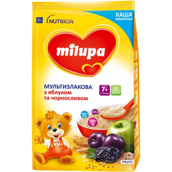 Каша молочна суха Milupa мультизлакова з яблуком та чорносливом швидкорозчинна для харчування дітей від 7-ми місяців, 210 г
