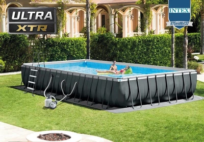 Каркасный бассейн Intex Ultra XTR Frame 975x488x132 см 26378 прямоугольный с песочным фильтром, лестница, тент, подстилка, хлоргенератор, сетка