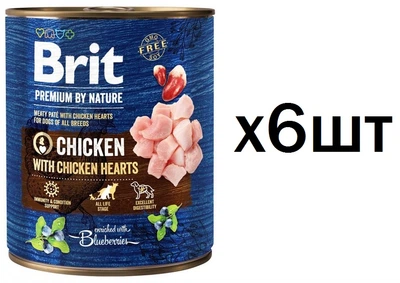 Упаковка вологого корму Brit Premium by Nature з куркою та курячим серцем для собак, 6 шт*800 г (100407/8546)