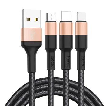 Кабель для телефона 3в1 Hoco Combo Micro USB / Lightning / Type-C Xpress One Pull Three Charging Cable X26 Быстрая зарядка |1m, 2A| Black/Gold