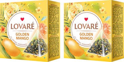 Упаковка чая Lovare зеленого с лепестками цветов и ароматом манго Golden Mango 2 пачки по 15 пирамидок (2000006781086)
