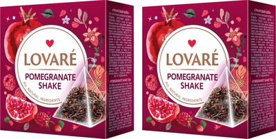 Упаковка чаю Lovare чорного з пелюстками квітів і ароматом граната Pomegranate Shake 2 пачки по 15 пірамідок (2000006781246)