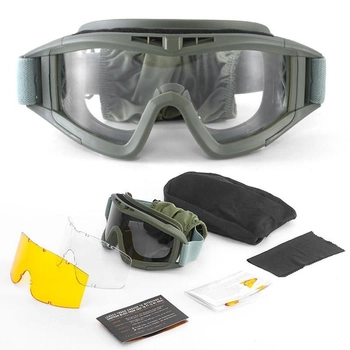 Тактическая маска защитная для глаз Army Green 3 сменних линзы и защитный чехол очки защитные от высоких температур и порохових газов