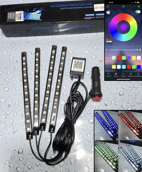 Подсветка ног в авто от прикуривателя - Светодиодная подсветка салона авто RGB (РГБ) led, Bluetooth APP, 4 х 22см, влагозащитная (31385)