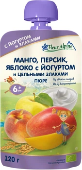 Фруктовое органическое пюре Fleur Alpine Манго, Персик, Яблоко с Йогуртом и цельными Злаками 120 г (5024688001147)