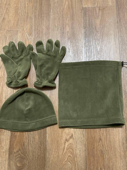 Комплект 3в1: Шапка, баф, перчатки на флисе армейские Олива