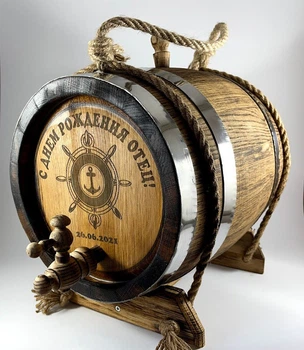 Дубова бочка Barrels «З днем народження батько!» з колотого дуба для віскі, вина, самогону і коньяку обручі нержавіюча сталь 10 л