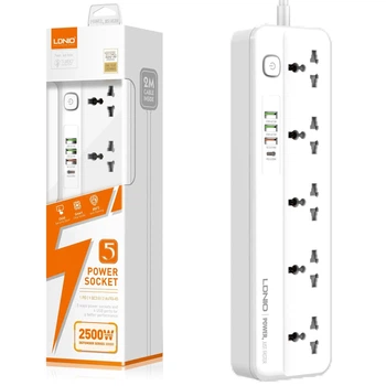 Мережевий фільтр подовжувач 5 розеток 4 USB 2 м із захистом Ldnio 2500W 10A QC 3.0 + PD + AutoID 3.4A Білий (SC5415)