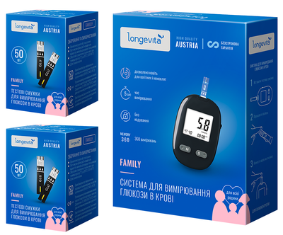 Глюкометр Longevita Family для вимірювання глюкози в крові + Тестові смужки 100шт.(2*50шт) (6837149)