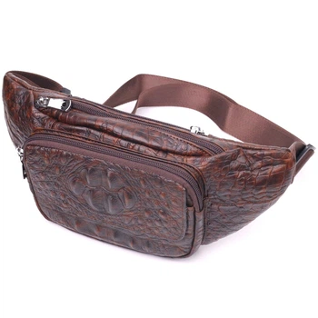 Модная поясная кожаная сумка VINTAGE 21298 Bag из натуральной кожи с фактурой под крокодила 33.5х14х3 см Коричневый