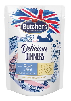 Mokra karma dla kotów BUTCHER'S Delicious Dinners z pstrągiem i dorszem w sosie 100 g (65085) (5011792001637)