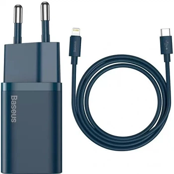 Зарядное устройство Блок и Кабель для Айфона Baseus Super Si 20W Быстрая зарядка Quick Charger Power Delivery + Кабель Type-C to Lightning 20W Синий
