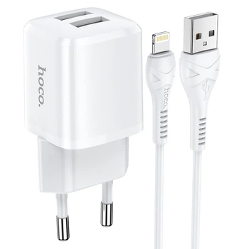 Адаптер сетевой Hoco Lightning Cable Briar dual port charger set N8 |2USB, 2.4A| (Safety Certified) белый