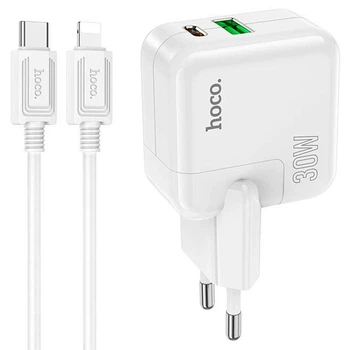 Сетевое зарядное устройство HOCO C111A |1USB/1Type-C, 30W/3A, PD/QC| адаптер с быстрой зарядкой и кабелем Lightning 1м. White