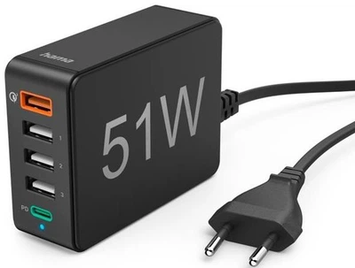 Універсальний зарядний пристрій Hama 1 x QC 3.0, 3 x USB-A, 1 x USB-C PD, 51W Black