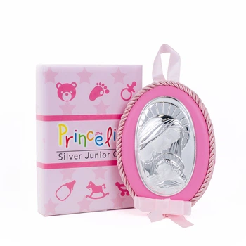 Серебряная детская иконка Мадонна с Младенцем Prince Silvero 8х11см на розовой подушечке для девочки