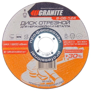 Диск абразивный отрезной для нержавейки и металла 125*2,0*22,2 мм PROFI +30 GRANITE GM (8-06-124)