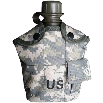 Фляга армейская для воды 1 литр с чехлом и котелком серый пиксель