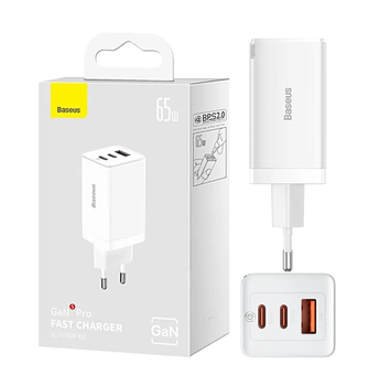 Блок живлення Baseus GaN5 Pro 65W Quick Charge + кабель USB-C 100W для MacBook/Huawei/Samsung/Asus/Google/Lenovo white