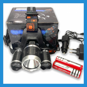 Налобный фонарь Police RJ-3000 (Cree T6+2Q5, 1500 люмен, 4 режима, 2x18650), зарядка от 220В/12В (31434)