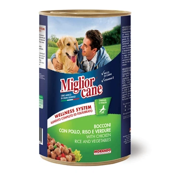 Вологий корм для собак Migliorcane зі шматочками курки рисом та овочами 1250 г (8007520015233)