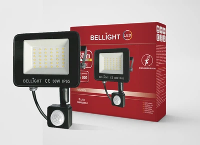 Прожектор светодиодный Bellight 230V 30W 4000K с датчиком движения, LED прожектор IP65 для улицы, двора, подъезда, парка и фасадного освещения