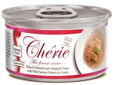 Вологий корм для котів Cherie з ніжними шматочками жовтоперого тунця та дикого лосося в соусі 80 г (4712937600326)