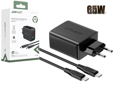 Блок живлення Acefast 65W (1xUSB, 2xType-C) + кабель USB-C 100W black