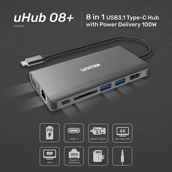 USB-хаб Unitek uHUB O8+ 8-in-1 USB-C Ethernet Hub with Dual Monitor, 100W Power Delivery and Card Reader (D1019A)