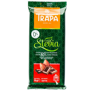 Шоколад зі стевією, без цукру чорний 80% TRAPA STEVIA 75г