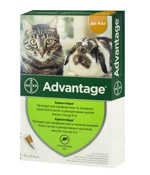 Краплі від бліх і кліщів для котів менше 4 кг Advantage 40 by Bayer Animal, 4 піпетки
