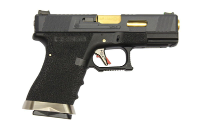 Страйкбольний пістолет WE Glock 19 Custom (Black Slide and Gold Barrel) Black (Страйкбол 6мм)