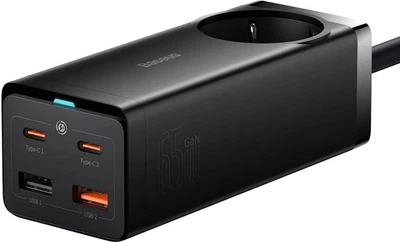 Мережевий зарядний пристрій Baseus GaN3 Pro Desktop Powerstrip AC+2U+2C 65W EU (With Cable Type-C to Type-C 100W 20V/5A 1m) Black (PSZM000901)