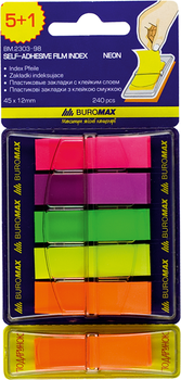 Закладки пластикові Buromax Neon 45х12 мм 5 + 1 блоків по 40 аркушів 5 кольорів (BM.2303-98)