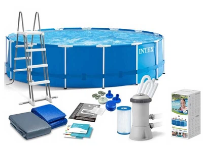 Intex Басейн каркасний 28242 np (1) від 6 років, сходи, тент, підстилка, насос та фільтр у комплекті,діаметр 457см,висота 122см,16805 л, насос 3785л/г