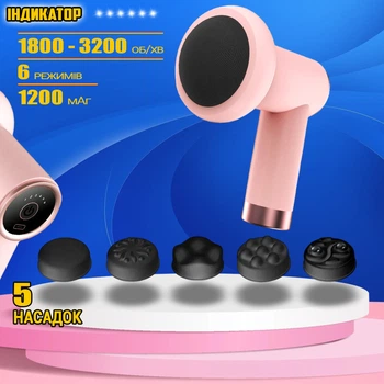 Ручной мышечный массажёр аккумуляторный Fascial Gun Vibro Head расслабляющий массажный пистолет антицеллюлитный, 5 насадок Pink