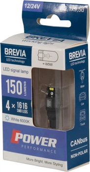 Лампочка без цоколя LED T10_W5W SMD белая 4-диода 12/24V W2.1x9.5d CANbus (Brevia) (к-т.-2шт.) (10108X2)