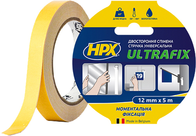Двусторонняя клейкая лента HPX Ultrafix для моментальной фиксации 12 мм х 5 м Белая (DSU1205)